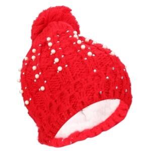 Red Knit Fleece Lined Beanie - pearls and pom pom!